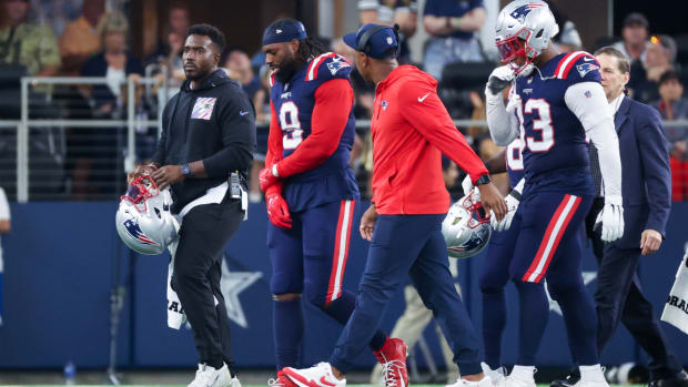 Oct 1, 2023; Arlington, Texas, USA; New England Patriots linebacker Matthew Judon (9) walks off the field injured during the second half against the Dallas Cowboys at AT&T Stadium. Mandatory Credit: Kevin Jairaj-USA TODAY Sports  